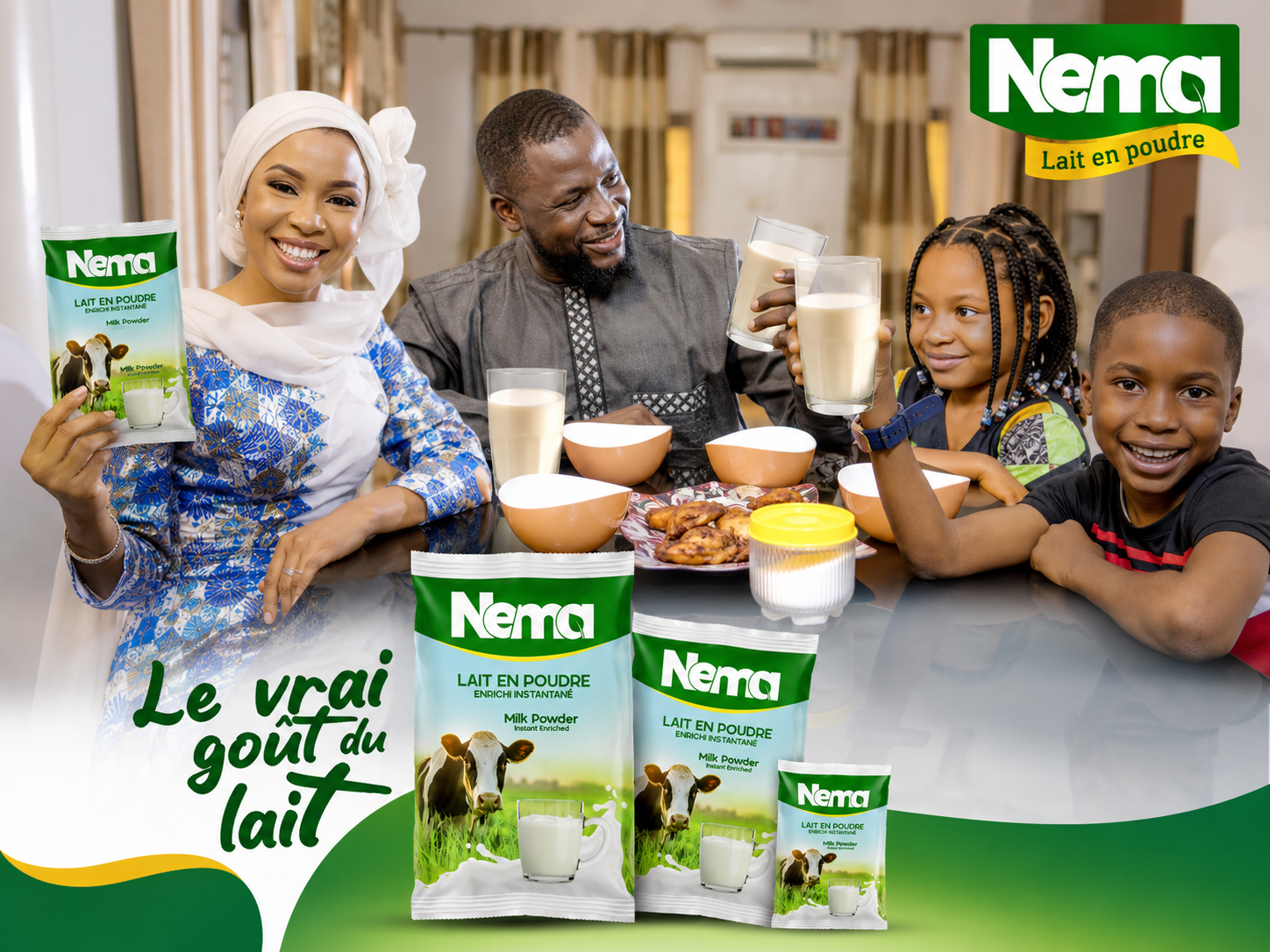 Nema milk powder billboard with family enjoying milk — own-branded dairy products