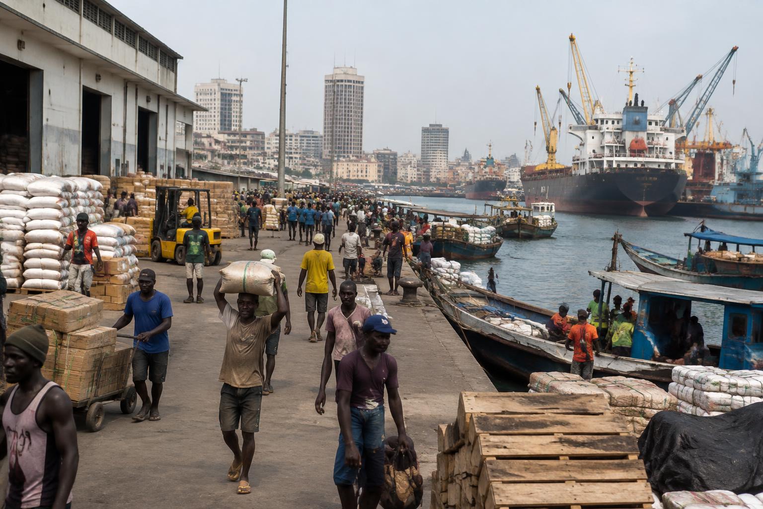 Port quayside in a West African commercial centre with goods being handled